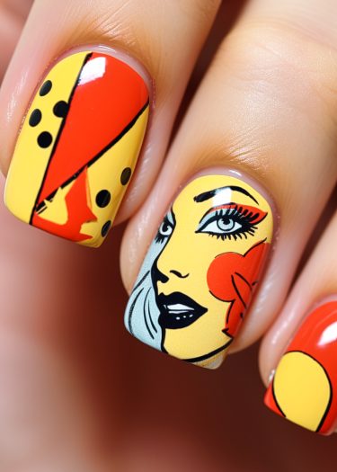 Vibrant pop art nail designs with bold colors and graphic comic-style illustrations.