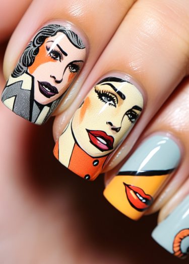 Vibrant pop art nail designs featuring comic-style faces and bold graphic expressions.