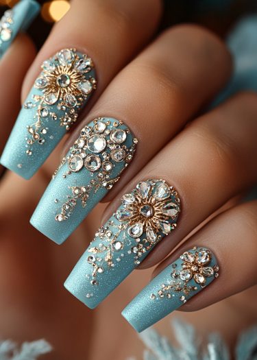 Exquisite teal nail art with gold filigree and sparkling crystals for elegant manicured style.