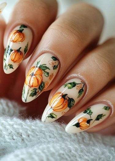 Elegant pumpkin nail art with detailed autumn designs on almond-shaped, glossy nails.