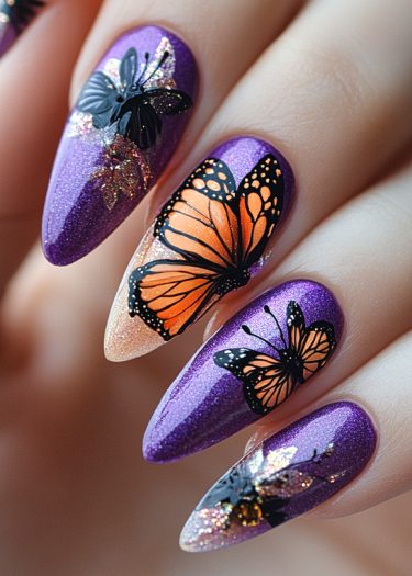 Stunning purple stiletto nails adorned with orange butterfly art and glitter accents.