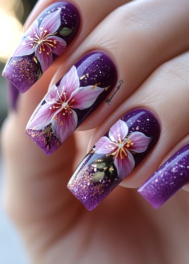 Elegant purple floral nail art with glitter and gold accents for a stunning manicure.