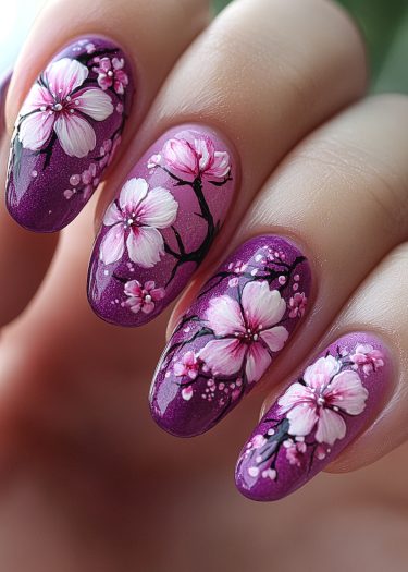 Elegant purple floral nail art featuring cherry blossoms in intricate designs and rich hues.