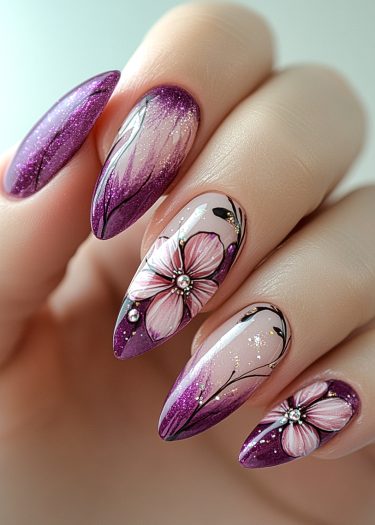 Elegant purple and pink floral nail art with sparkling accents and intricate designs.