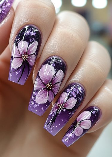 Stunning purple flower nail art with gradient ombre and glitter, perfect for bold fashion statements.