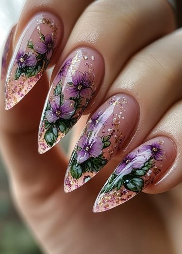 Elegant almond-shaped nails with intricate purple floral nail art and shimmering glitter accents.