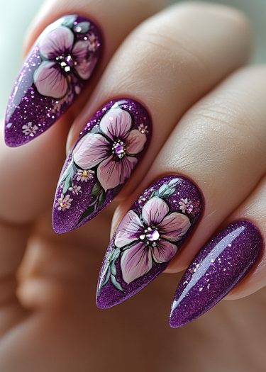 Elegant purple glitter nails featuring intricate floral designs and rhinestones for a glamorous touch.