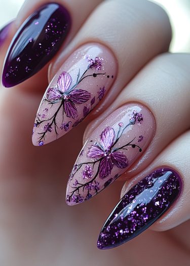 Stunning purple glitter stiletto nails with elegant floral designs and luxurious textures.