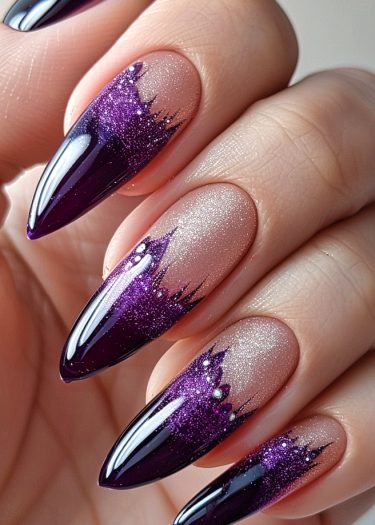 Beautiful purple glitter ombre nails with intricate design and embellishments for elegant style.