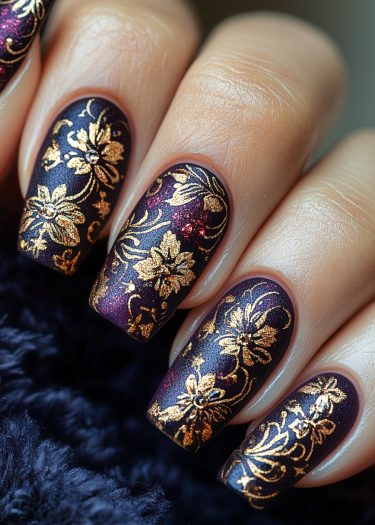 Elegant purple and gold floral nail art for a luxurious manicure design.