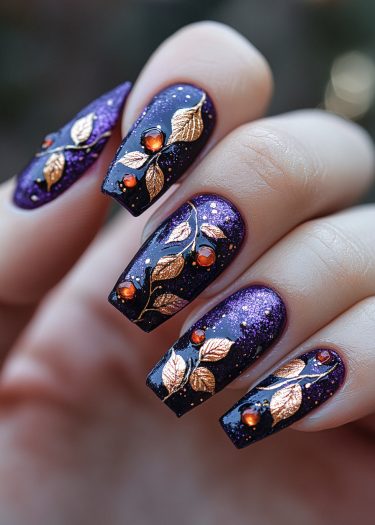 Elegant purple and gold nail art with shimmering leaves and vibrant gemstones for a luxurious look.