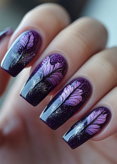 Elegant purple gradient nails with feather designs and glitter for stunning nail art.