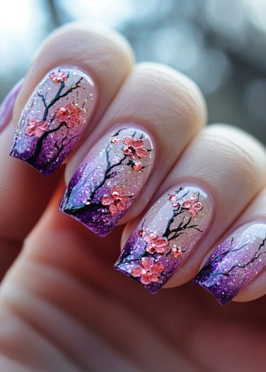 Beautiful purple gradient nail art featuring delicate cherry blossoms and intricate detailing.