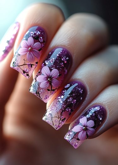 Stunning purple and pink ombré floral nail art with glitter accents for elegant occasions.