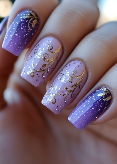 Elegant purple gradient nails with gold accents and shimmering glitter for a luxurious look.