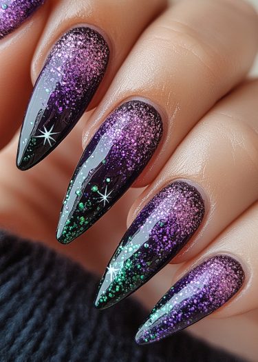 Stunning purple and green glitter stiletto nails with a ombre galaxy effect.