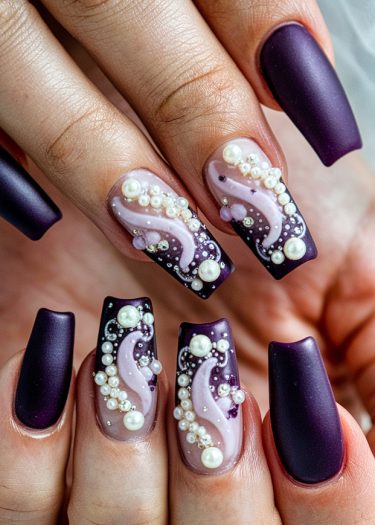 Elegant purple matte coffin nails with pastel accents, pearls, and rhinestones for stunning nail art.