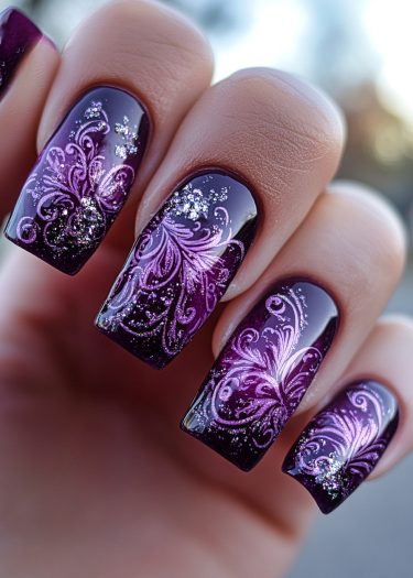 Exquisite long purple nail art featuring intricate floral designs and glitter accents in sunlight.