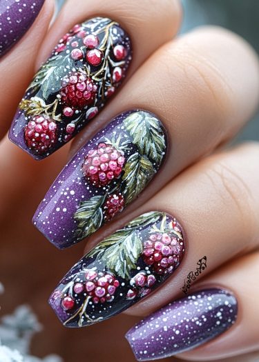 Elegant purple ombre nail art featuring detailed botanical designs with berries and leaves.