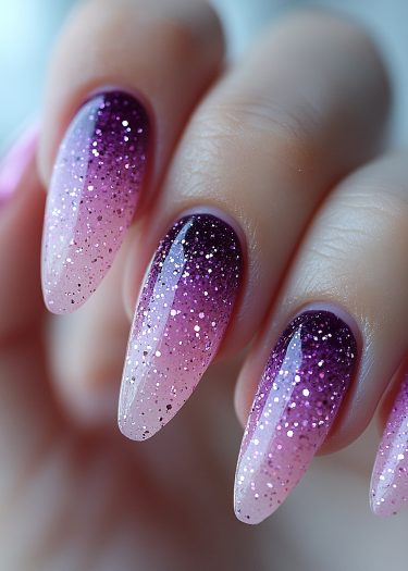 Elegant purple-pink gradient stiletto nails with glitter for a stunning manicure.