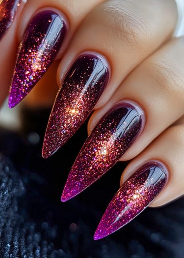 Vibrant purple and pink ombre nails with glitter, showcasing stunning almond shapes and glossy finish.