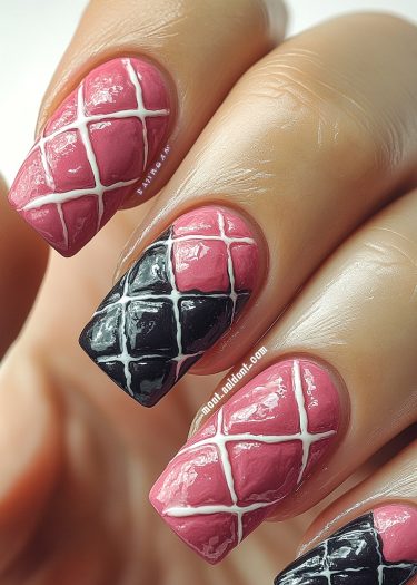 Elegant quilted pink and black nail design with glossy finish and diamond pattern details.