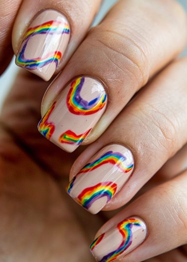 Vibrant rainbow wavy nail art on glossy nude nails showcases creative design and modern style.