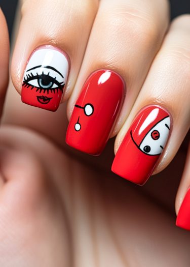 Vibrant red almond nail art featuring unique designs, geometric shapes, and playful illustrations.