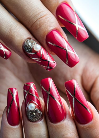 Elegant red and gold coffin nails with intricate designs and pearl embellishments for glamorous occasions.