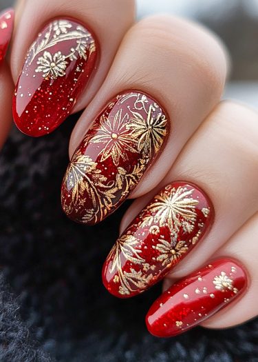 Elegant red and gold nail art featuring intricate floral designs and sparkling glitter.