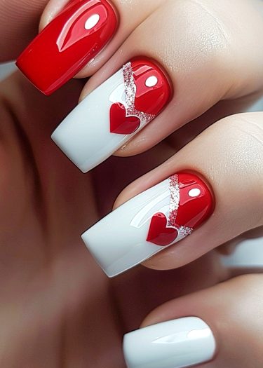 Stunning red and white nail art with glitter accents for a bold, modern look.