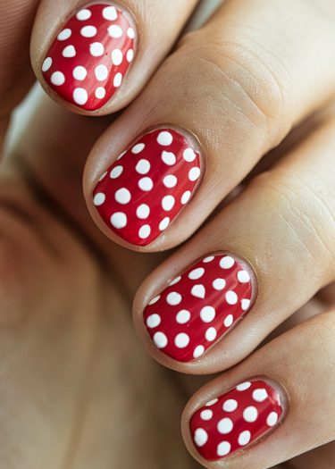 Vibrant red nails with playful white polka dots showcasing stylish nail art and elegant design.