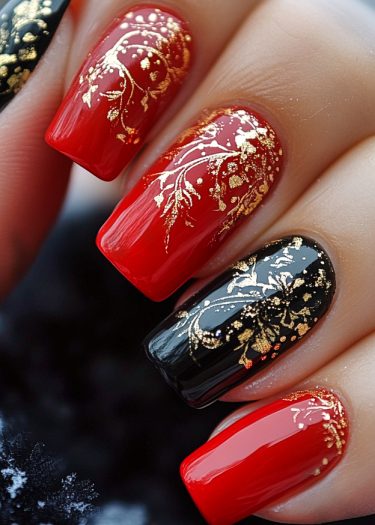 Elegant red and black nail art with gold floral designs for a sophisticated look.