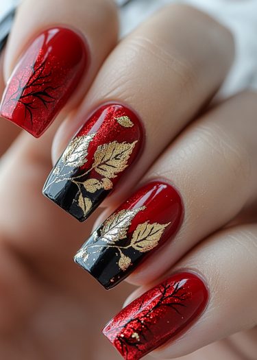 Elegant red and black nail art with golden leaf designs for a sophisticated manicure.