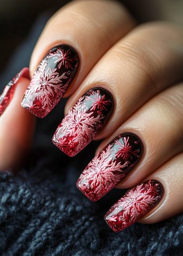 Elegant red and black gradient nail art with sparkling floral designs and almond-shaped tips.