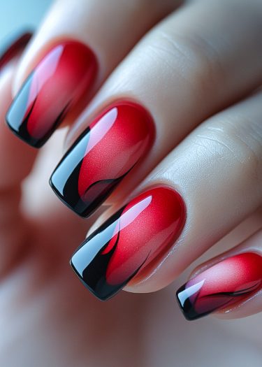 Vibrant red and black nail art featuring elegant flame designs and a glossy finish.