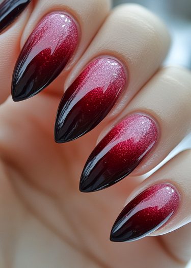 Stunning red and black ombre stiletto nails with glitter for a bold nail art design.