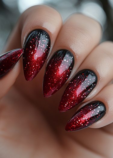 Stunning black and red ombre nails with glitter, featuring elegant almond shapes and glossy finish.