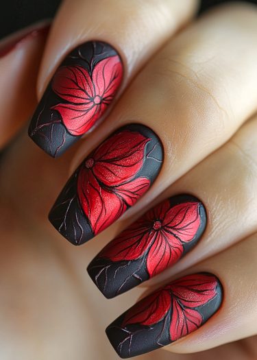 Matte black nails with intricate red floral designs showcase stunning nail art creativity and elegance.