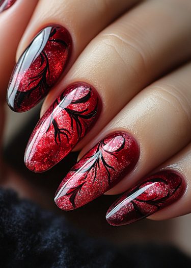 Elegant red glitter nail art with black leaf patterns on long, almond-shaped nails.