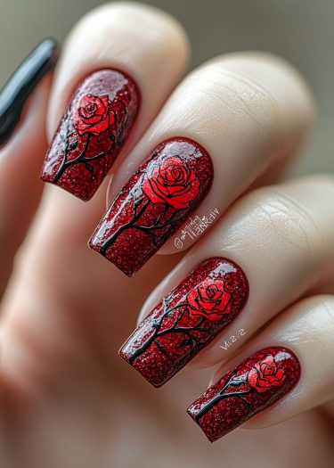 Elegant red glitter nail art with intricate rose designs for a glamorous look.