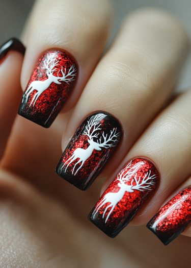 Festive red glitter stag nail art with elegant white reindeer silhouettes and black gradient tips.