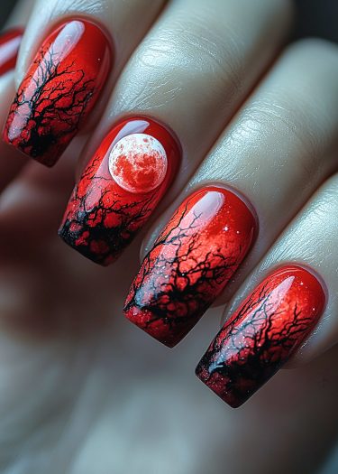 Red nail art with black tree branches and a moon, perfect for dramatic elegance.