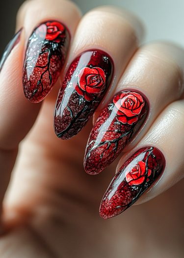 Elegant almond-shaped nails featuring vibrant red roses and intricate black designs.