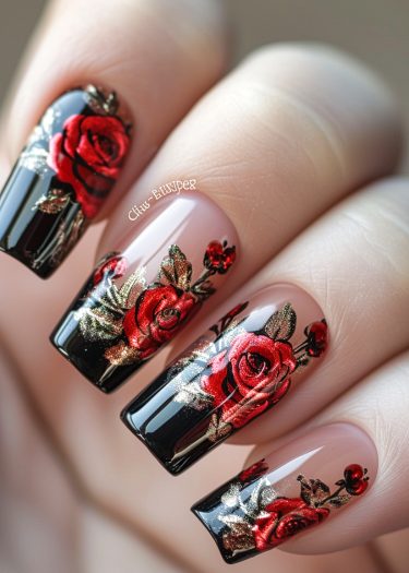 Stunning red rose nail art on black gradient, showcasing elegant floral designs and gold accents.