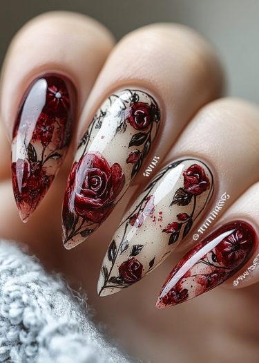 Elegant red rose nail art on stiletto nails with intricate floral designs and dark accents.