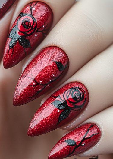 Elegant red stiletto nails with black rose designs for a sophisticated manicure look.