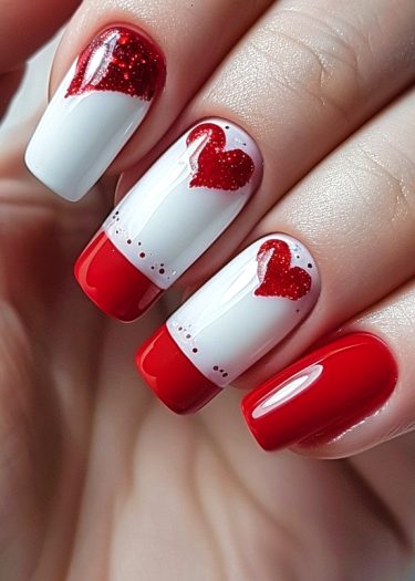 Stylish red and white nail art featuring hearts, dots, and glossy finishes for elegance.