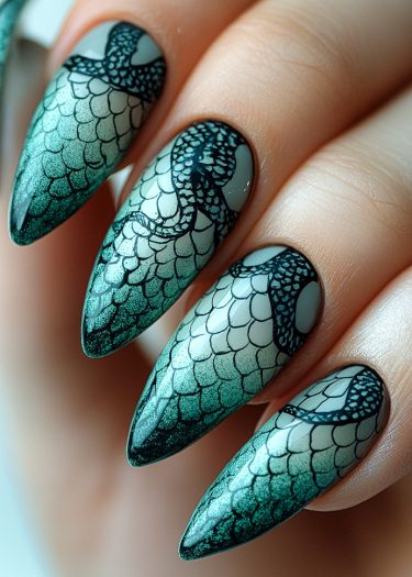 Striking reptilian scale nail art in deep emerald green with intricate snake designs.