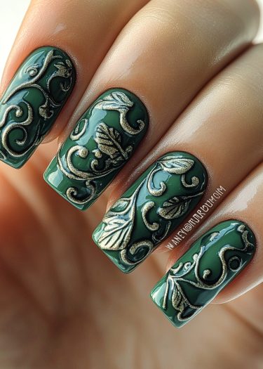 Elegant dark green and gold nail art with intricate designs and textures.